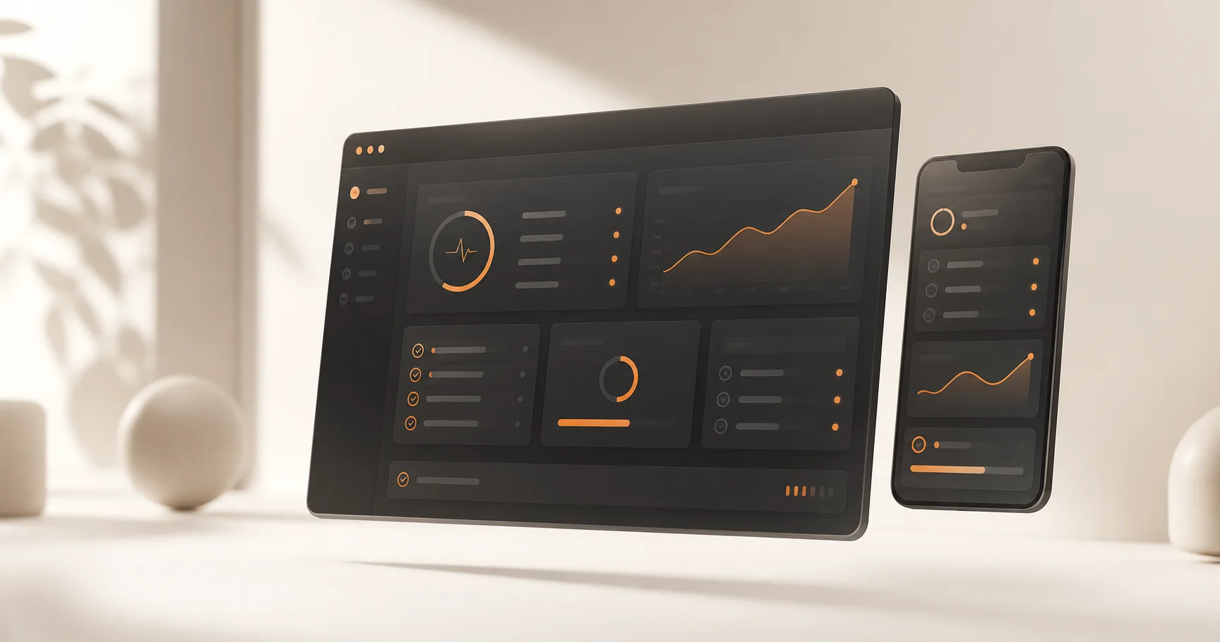 Website and mobile application monitoring interfaces showing healthy performance